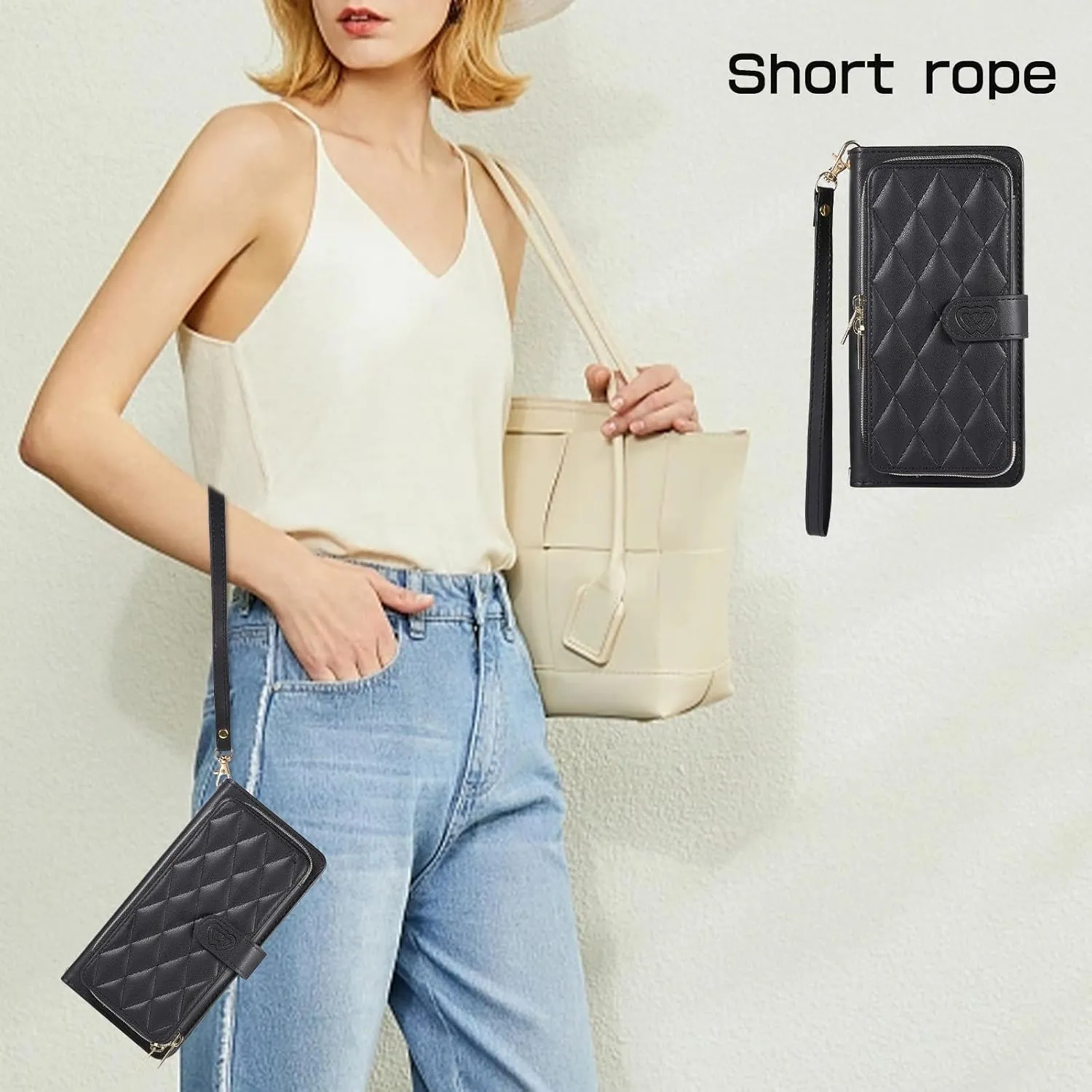 Wallet Case for iPhone 14 Pro 6.1 inch with Zipper Card Holder & Shoulder Strap & Wrist Strap, Crossbody Purse Handbag Stylish Protective Cover for iPhone 14 Pro -Black