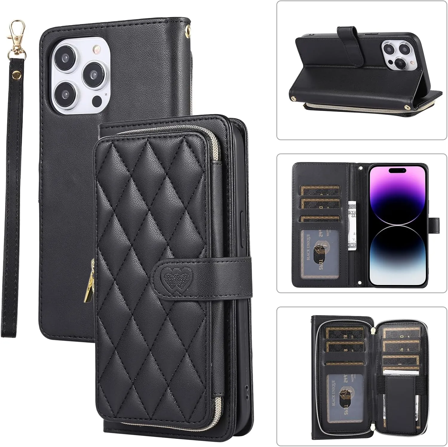 Wallet Case for iPhone 14 Pro 6.1 inch with Zipper Card Holder & Shoulder Strap & Wrist Strap, Crossbody Purse Handbag Stylish Protective Cover for iPhone 14 Pro -Black