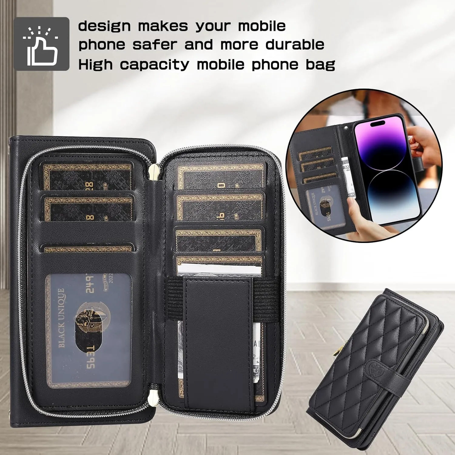 Wallet Case for iPhone 14 Pro 6.1 inch with Zipper Card Holder & Shoulder Strap & Wrist Strap, Crossbody Purse Handbag Stylish Protective Cover for iPhone 14 Pro -Black