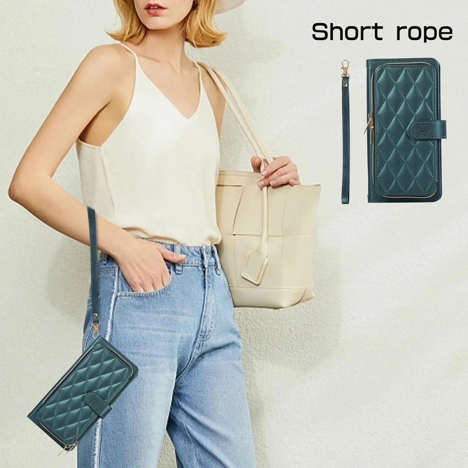 Wallet Case for iPhone 16 Pro 6.3 inch with Zipper Card Holder & Shoulder Strap & Wrist Strap, Crossbody Purse Handbag Stylish Protective Cover for iPhone 16 Pro -Dark Green