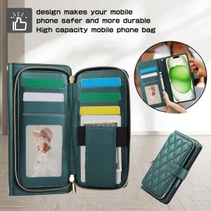 Wallet Case for iPhone 16 Pro 6.3 inch with Zipper Card Holder & Shoulder Strap & Wrist Strap, Crossbody Purse Handbag Stylish Protective Cover for iPhone 16 Pro -Dark Green