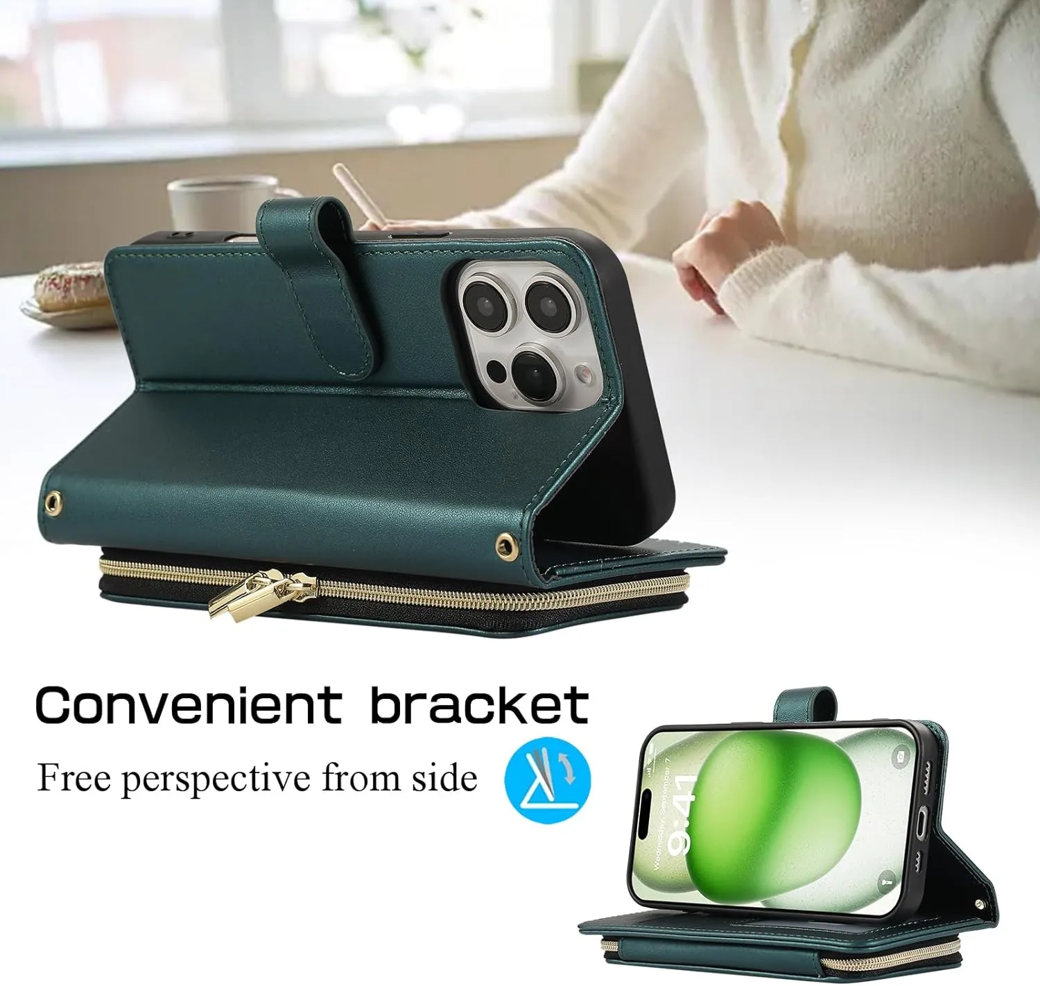 Wallet Case for iPhone 16 Pro 6.3 inch with Zipper Card Holder & Shoulder Strap & Wrist Strap, Crossbody Purse Handbag Stylish Protective Cover for iPhone 16 Pro -Dark Green