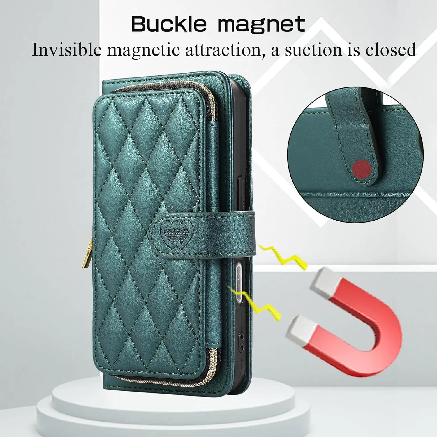 Wallet Case for iPhone 16 Pro 6.3 inch with Zipper Card Holder & Shoulder Strap & Wrist Strap, Crossbody Purse Handbag Stylish Protective Cover for iPhone 16 Pro -Dark Green