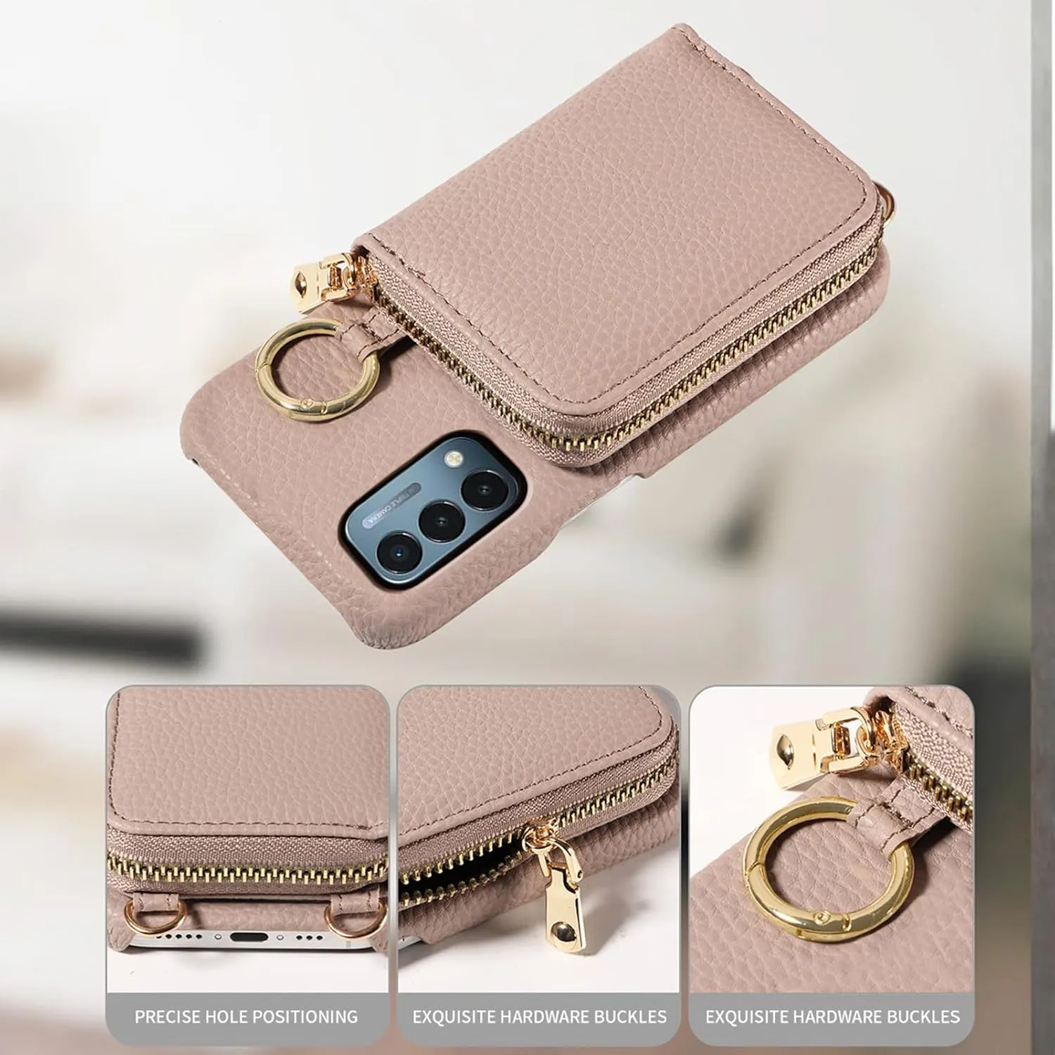 Wallet Case for OnePlus Nord N200 5G with Shoulder Strap Ring Buckle, Zipper Flip Organ Purse, Card Holder Stand Phone Cover for One Plus N 200 G5 1 Plus 200N 1plus One  1  N2005G 2021 Khaki