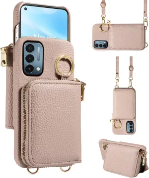 Wallet Case for OnePlus Nord N200 5G with Shoulder Strap Ring Buckle, Zipper Flip Organ Purse, Card Holder Stand Phone Cover for One Plus N 200 G5 1 Plus 200N 1plus One  1  N2005G 2021 Khaki