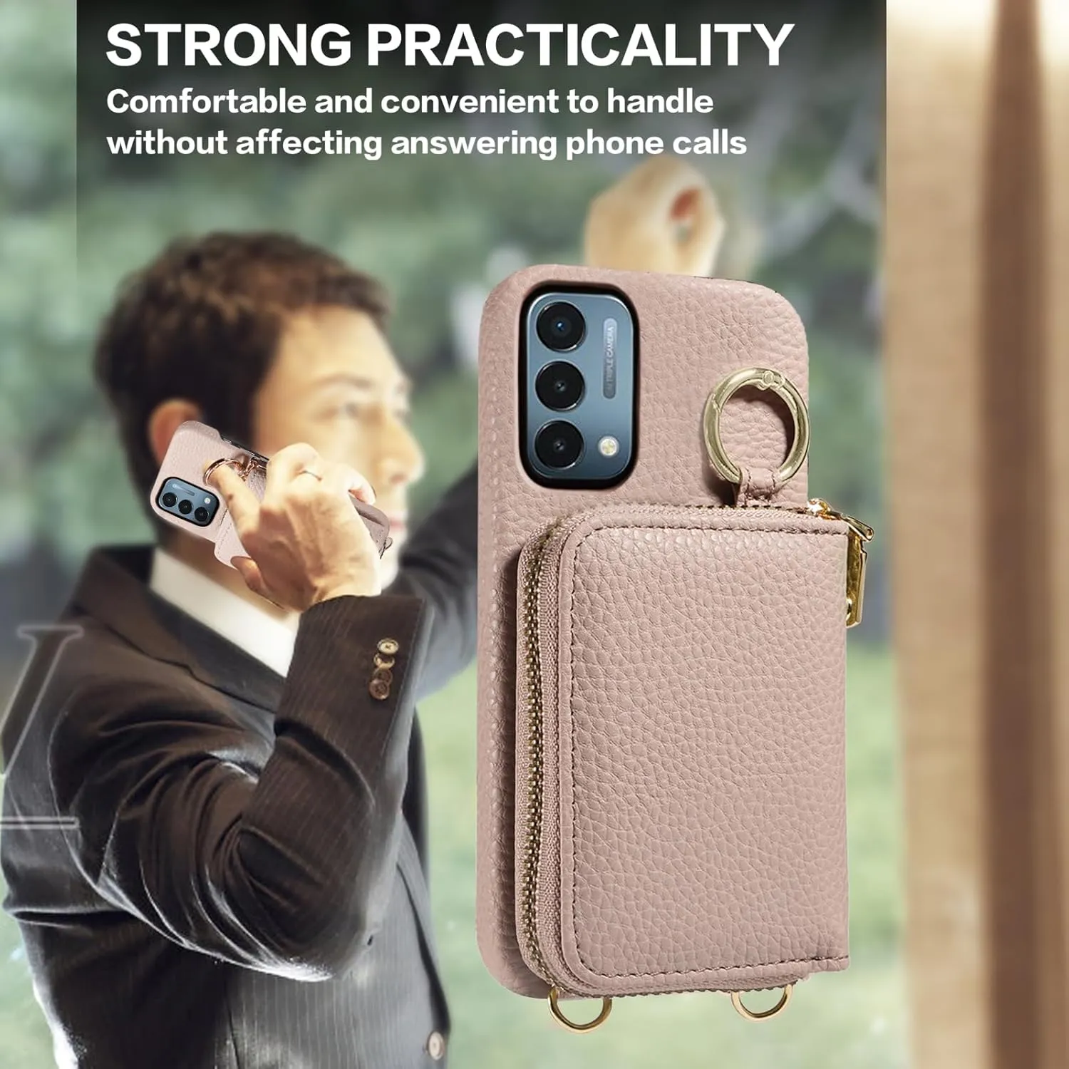 Wallet Case for OnePlus Nord N200 5G with Shoulder Strap Ring Buckle, Zipper Flip Organ Purse, Card Holder Stand Phone Cover for One Plus N 200 G5 1 Plus 200N 1plus One  1  N2005G 2021 Khaki