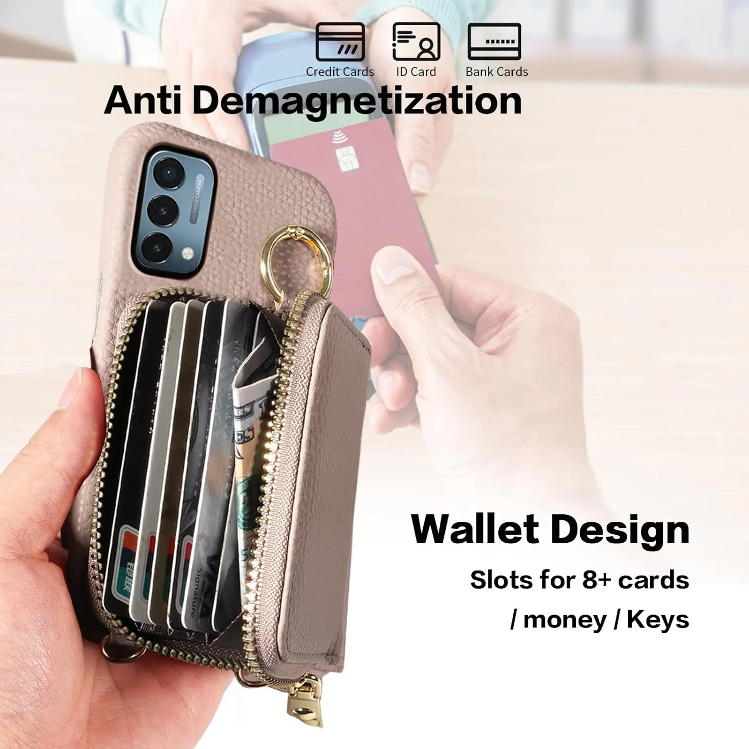 Wallet Case for OnePlus Nord N200 5G with Shoulder Strap Ring Buckle, Zipper Flip Organ Purse, Card Holder Stand Phone Cover for One Plus N 200 G5 1 Plus 200N 1plus One  1  N2005G 2021 Khaki