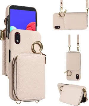 Wallet Case for Samsung Galaxy A01 Core/M01 Core/A3 Core with Shoulder Strap Ring Buckle, Zipper Flip Organ Purse, Card Holder Stand Phone Cover for A3Core A01Core Ao1 A 01 01A A013M 2020 White