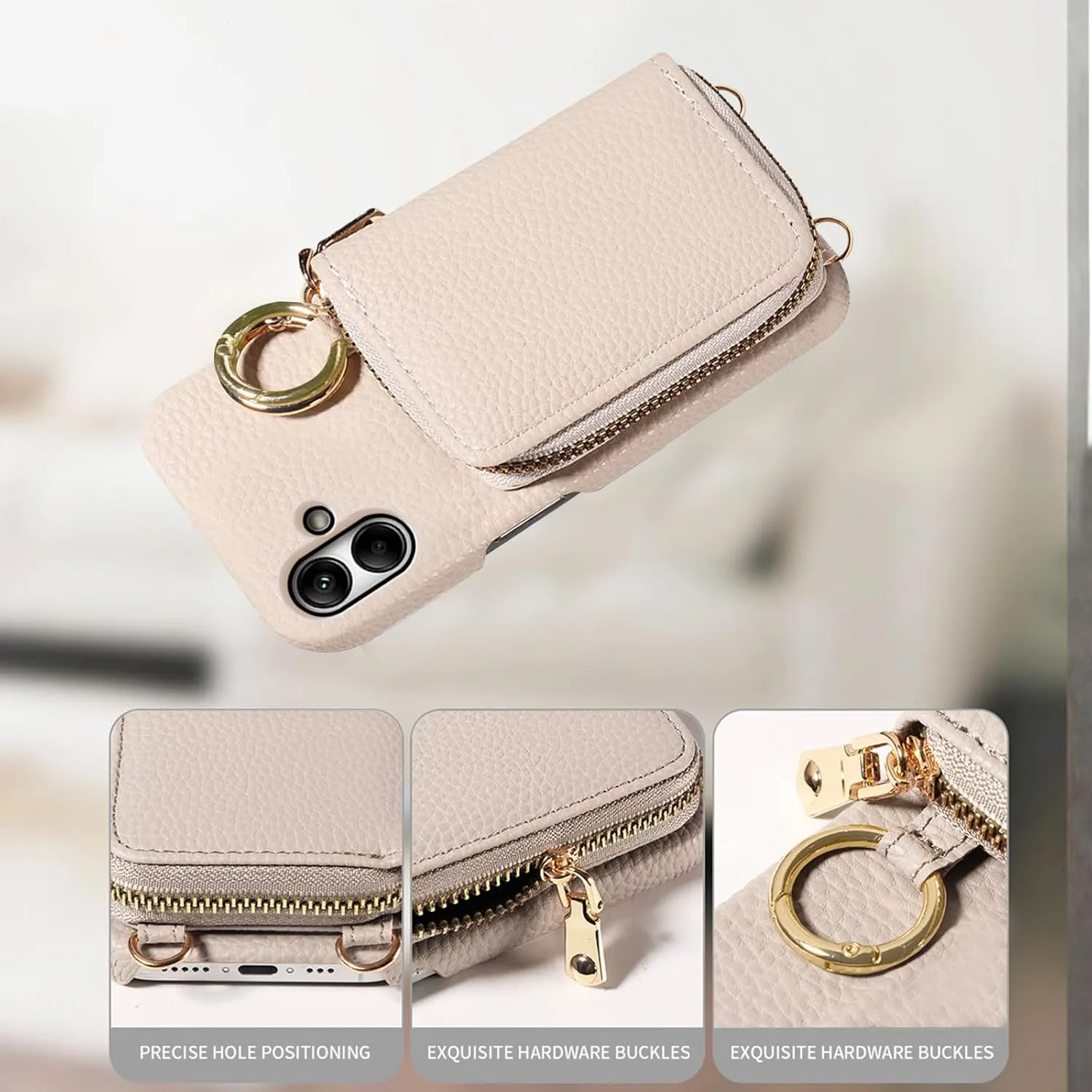 Wallet Case for Samsung Galaxy A05 with Shoulder Strap Ring Buckle, Luxury PU Leather Zipper Flip Organ Purse, Credit Card Holder Stand Full Body Cell Phone Cover for Ao5 A 05 Women Men White