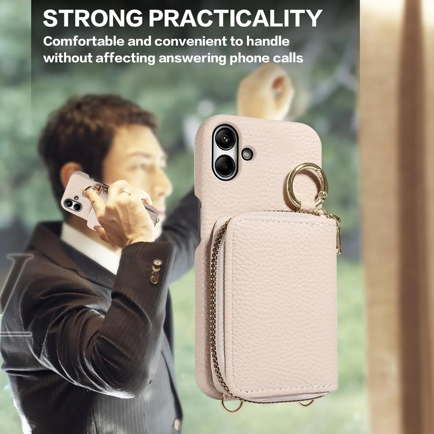 Wallet Case for Samsung Galaxy A05 with Shoulder Strap Ring Buckle, Luxury PU Leather Zipper Flip Organ Purse, Credit Card Holder Stand Full Body Cell Phone Cover for Ao5 A 05 Women Men White