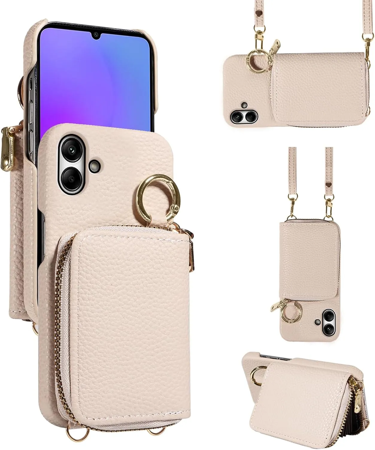 Wallet Case for Samsung Galaxy A05 with Shoulder Strap Ring Buckle, Luxury PU Leather Zipper Flip Organ Purse, Credit Card Holder Stand Full Body Cell Phone Cover for Ao5 A 05 Women Men White