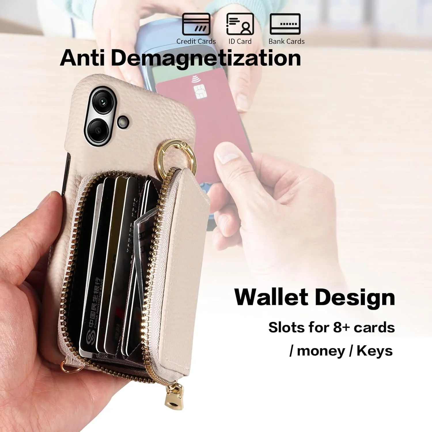 Wallet Case for Samsung Galaxy A05 with Shoulder Strap Ring Buckle, Luxury PU Leather Zipper Flip Organ Purse, Credit Card Holder Stand Full Body Cell Phone Cover for Ao5 A 05 Women Men White