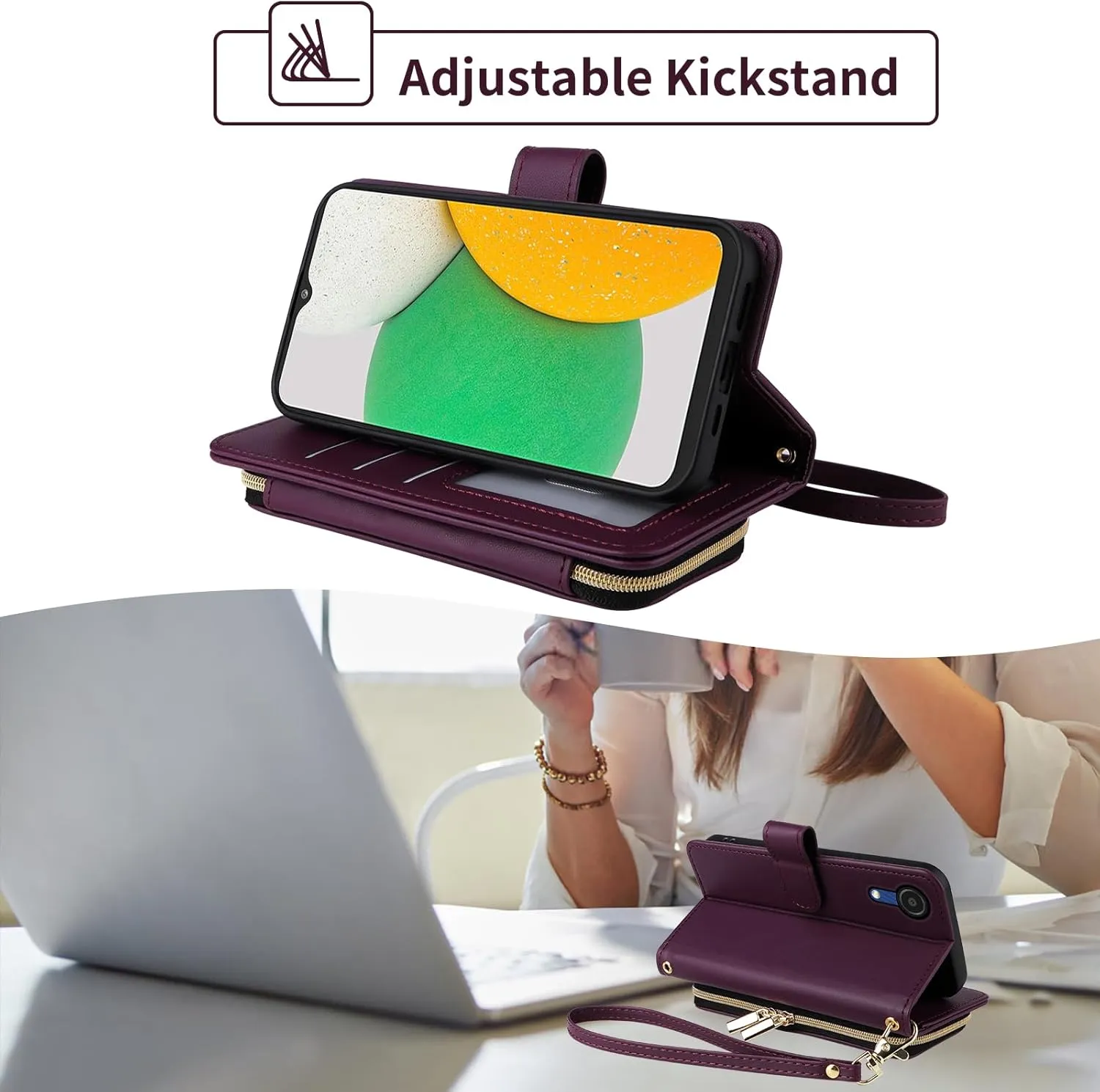 Wallet Case for Samsung Galaxy A22 5G/Boost Mobile Celero 5G with Wrist Strap Shoulder Strap 9  Card Slots Zipper Purse Leather Stand Phone Cover for Celero5G A 22 22A A22s G5 Women Deep Purple