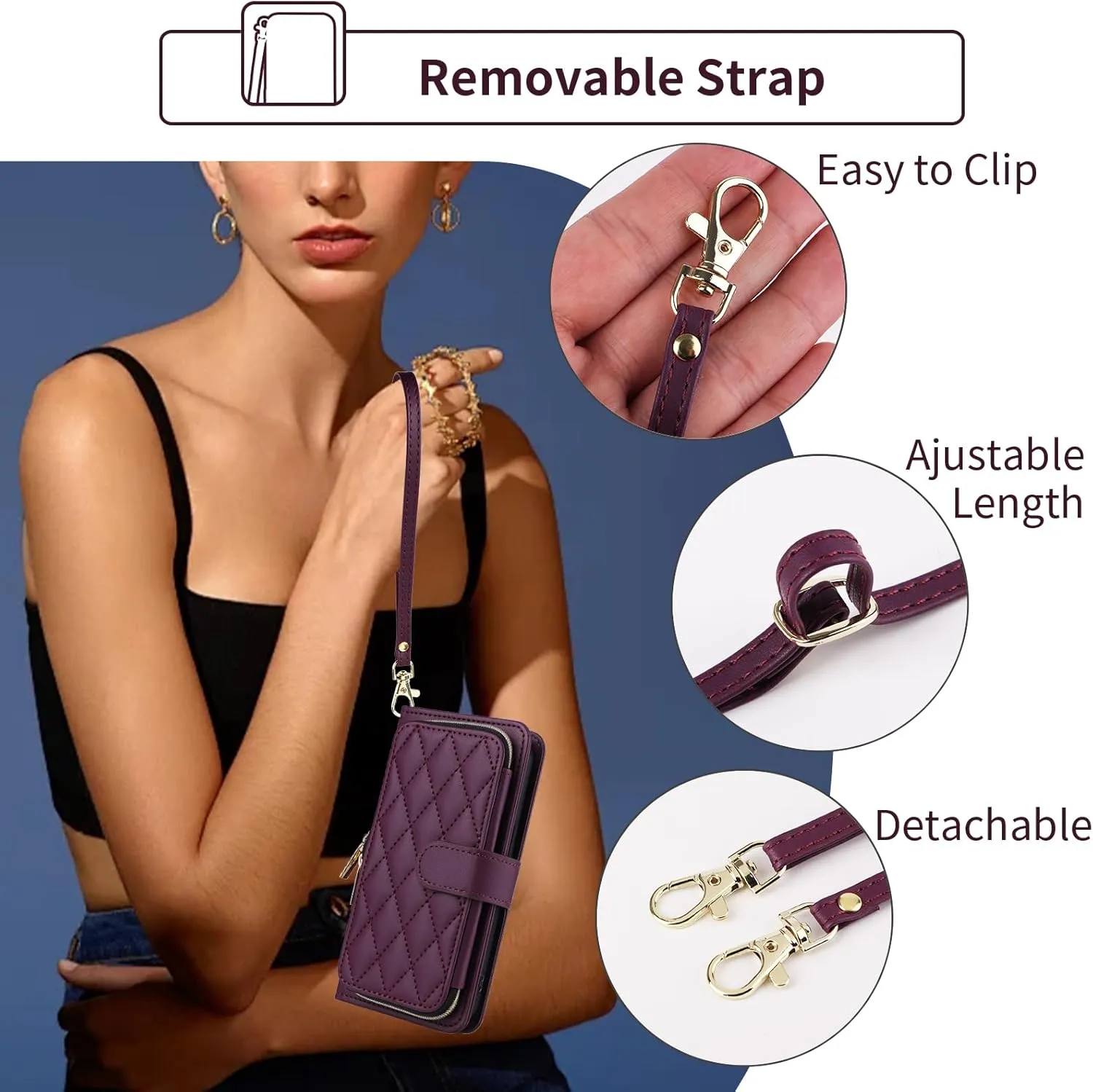 Wallet Case for Samsung Galaxy A22 5G/Boost Mobile Celero 5G with Wrist Strap Shoulder Strap 9  Card Slots Zipper Purse Leather Stand Phone Cover for Celero5G A 22 22A A22s G5 Women Deep Purple
