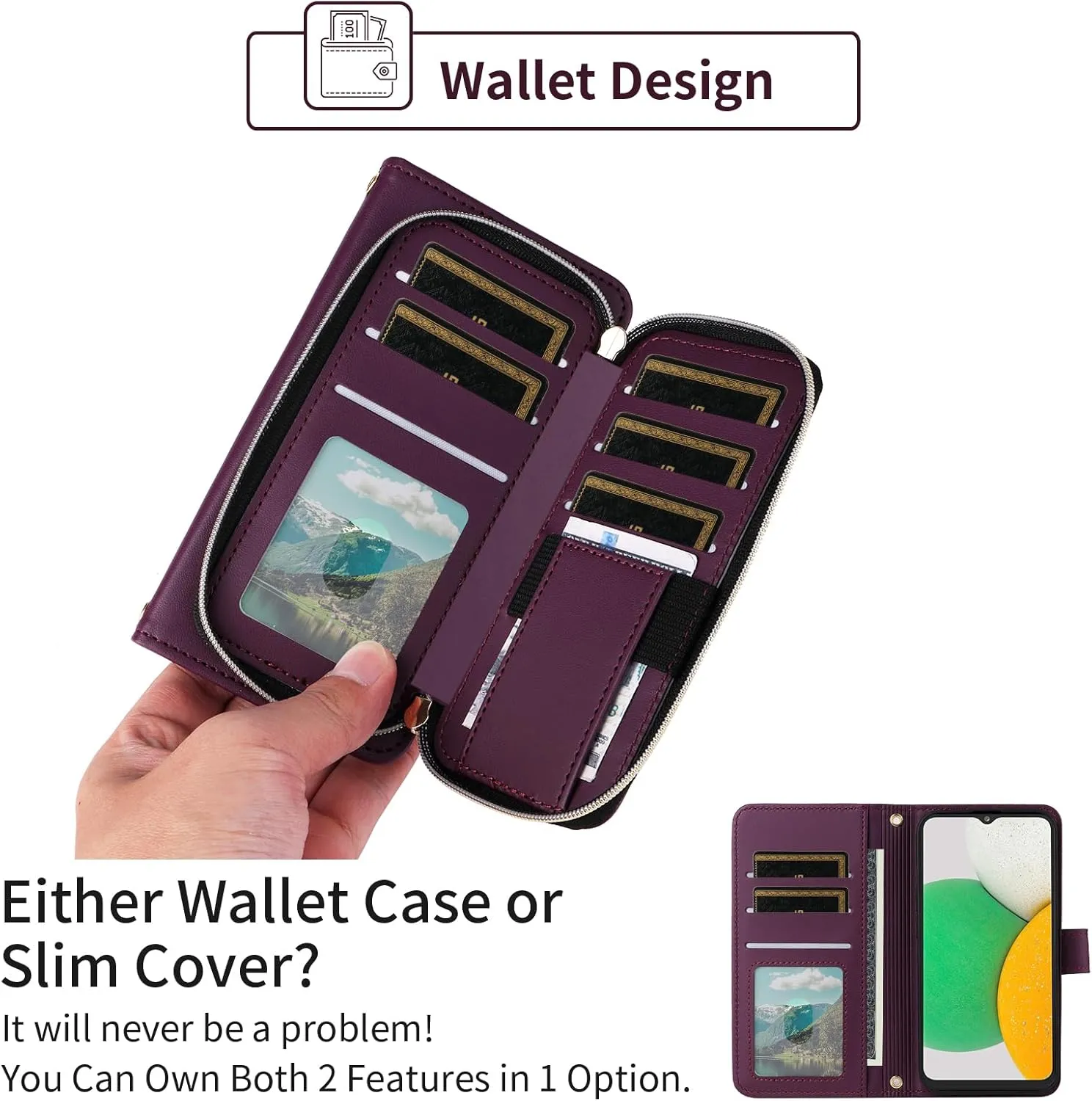 Wallet Case for Samsung Galaxy A22 5G/Boost Mobile Celero 5G with Wrist Strap Shoulder Strap 9  Card Slots Zipper Purse Leather Stand Phone Cover for Celero5G A 22 22A A22s G5 Women Deep Purple