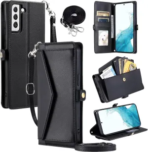 Wallet Case for Samsung Galaxy S22 5G with Wrist Strap Shoulder Strap Card Holder Shockproof Soft PU Leather Magnetic Snap Pocket Stand Cell Phone Cover S 22 22S 4G G5 6.1 inch Women Black