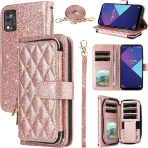 Wallet Case for Wiko Ride 3 with Detachable Wrist Strap Crossbody Shoulder Strap Luxury PU Leather 9  Card Slots Zipper Purse Stand Cell Accessories Phone Cover for U614AS Girls Women Pink