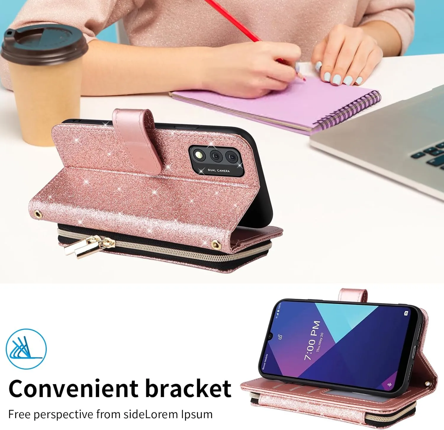 Wallet Case for Wiko Ride 3 with Detachable Wrist Strap Crossbody Shoulder Strap Luxury PU Leather 9  Card Slots Zipper Purse Stand Cell Accessories Phone Cover for U614AS Girls Women Pink
