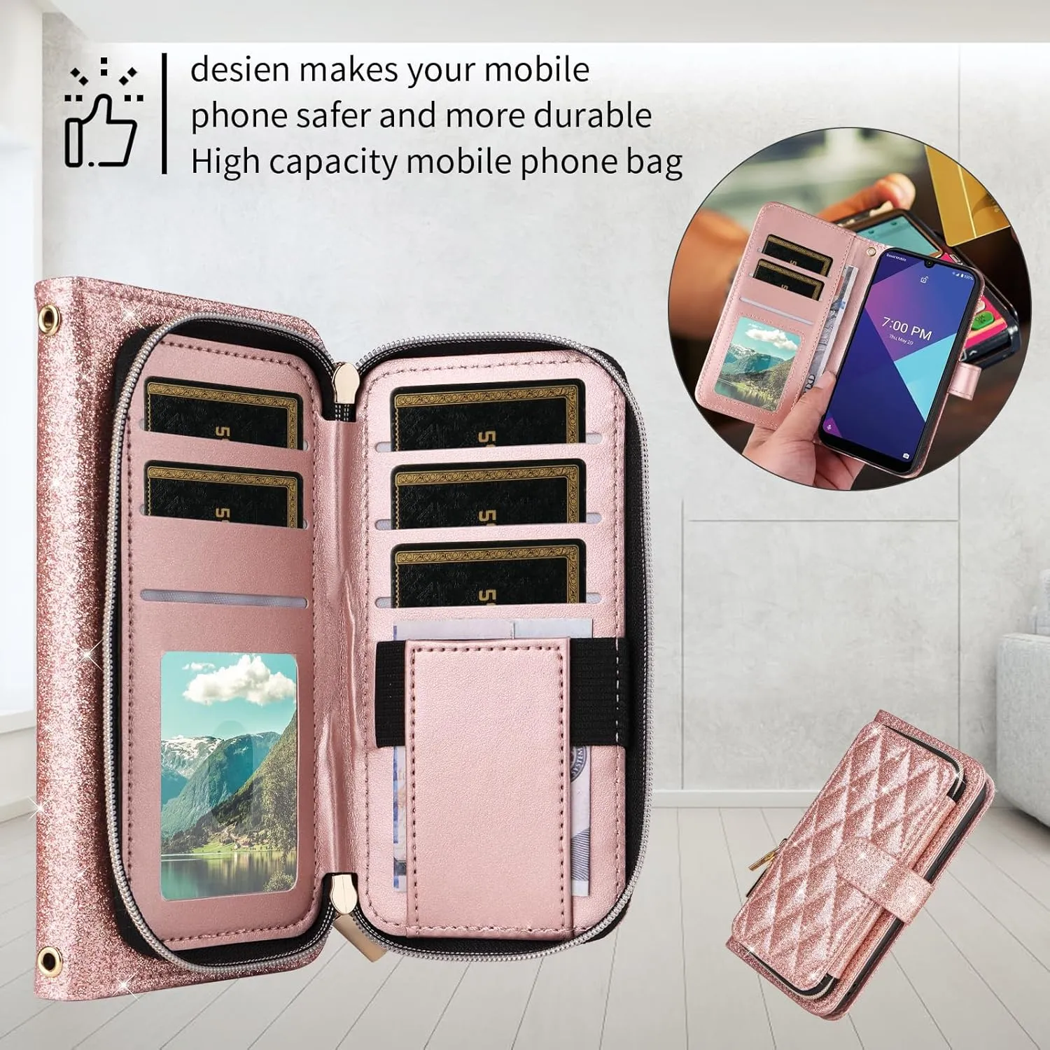 Wallet Case for Wiko Ride 3 with Detachable Wrist Strap Crossbody Shoulder Strap Luxury PU Leather 9  Card Slots Zipper Purse Stand Cell Accessories Phone Cover for U614AS Girls Women Pink