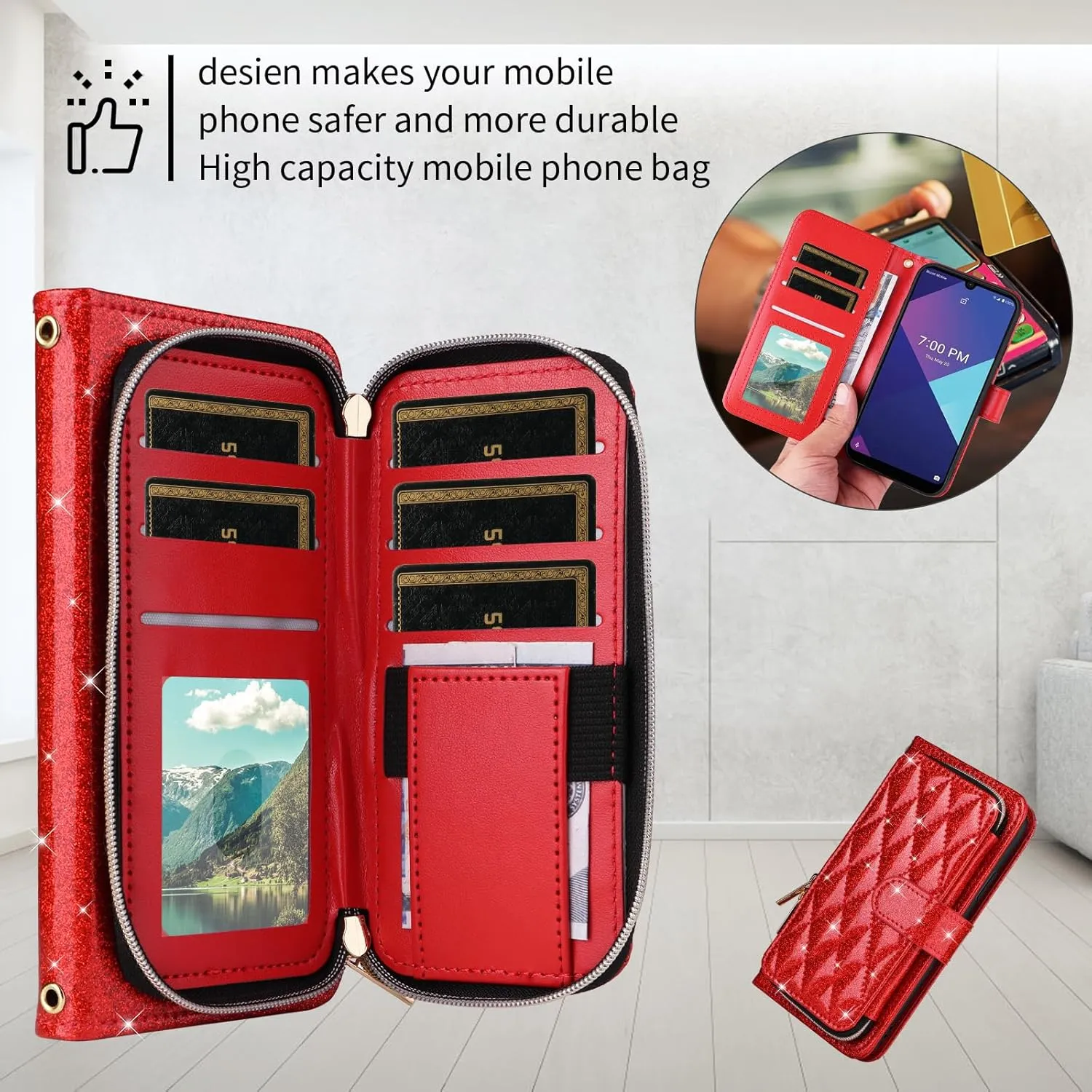 Wallet Case for Wiko Ride 3 with Detachable Wrist Strap Crossbody Shoulder Strap Luxury PU Leather 9  Card Slots Zipper Purse Stand Cell Accessories Phone Cover for U614AS Girls Women Red
