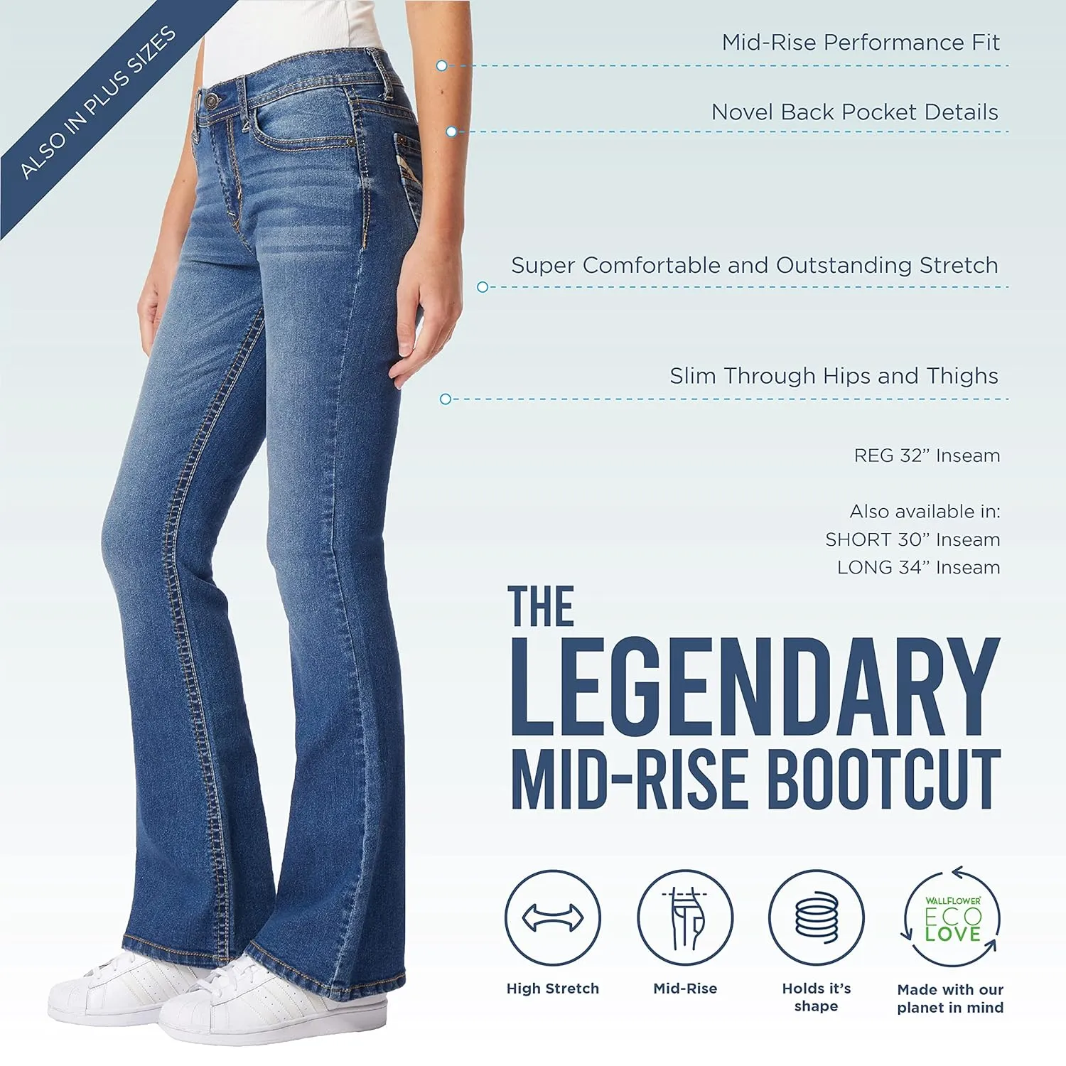 WallFlower Women's Legendary Bootcut Mid-Rise Insta Stretch Juniors Jeans (Standard and Plus)