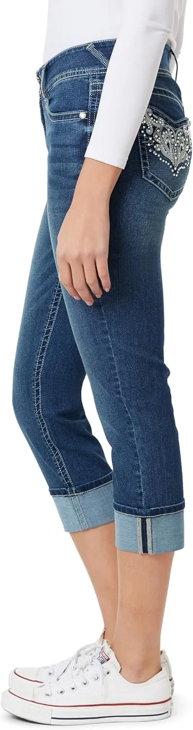 WallFlower Women's Luscious Curvy 23.5" Crop Mid-Rise Bling Insta Stretch Juniors (Standard and Plus)