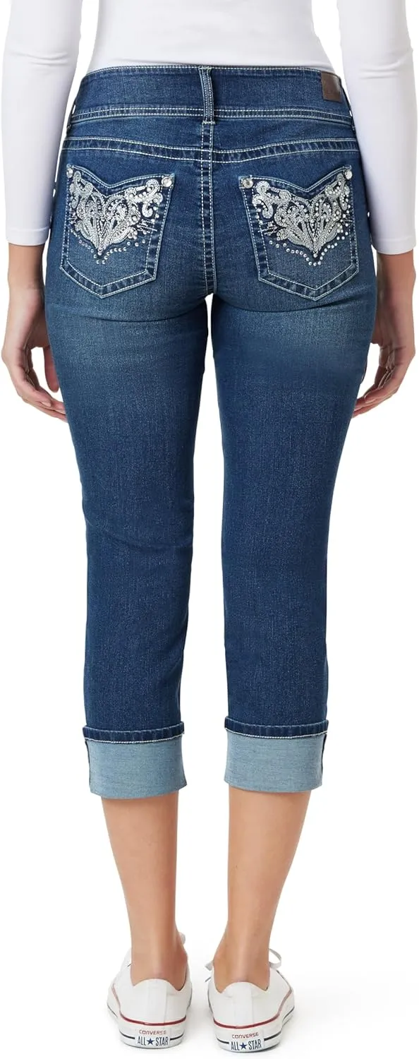 WallFlower Women's Luscious Curvy 23.5" Crop Mid-Rise Bling Insta Stretch Juniors (Standard and Plus)