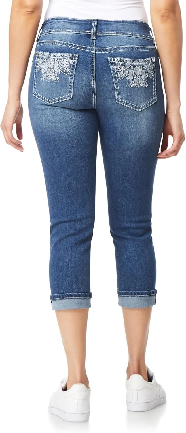 WallFlower Women's Luscious Curvy 23.5" Crop Mid-Rise Bling Insta Stretch Juniors (Standard and Plus)