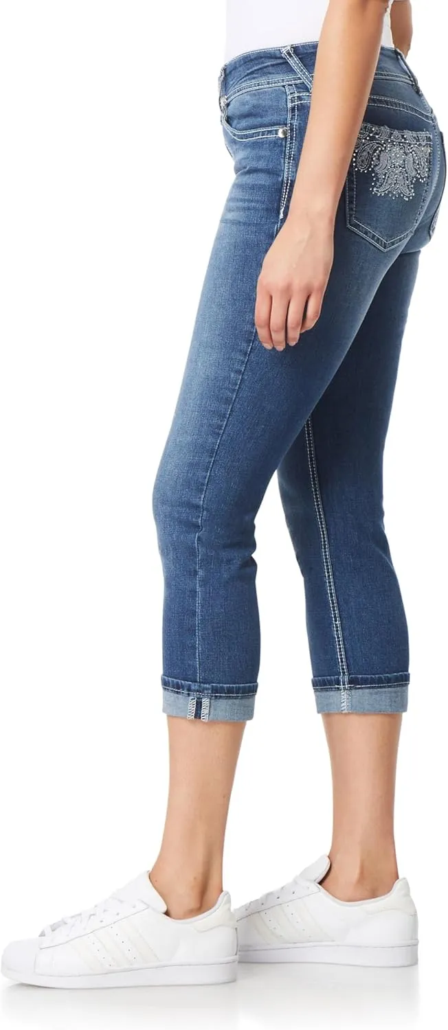 WallFlower Women's Luscious Curvy 23.5" Crop Mid-Rise Bling Insta Stretch Juniors (Standard and Plus)