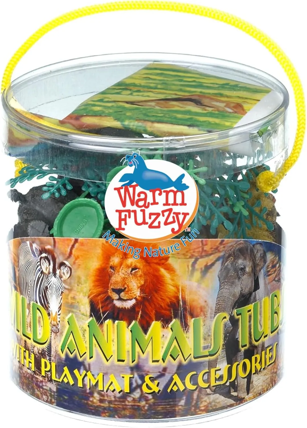 WARM FUZZY Toys Educational Toys for Kids - Full Case of 12 with Assorted Zoo Animals Figurines - Each Tub Includes 17”x12” Plastic Playmat for Prize Box, PTA Carnival or School Fundraisers