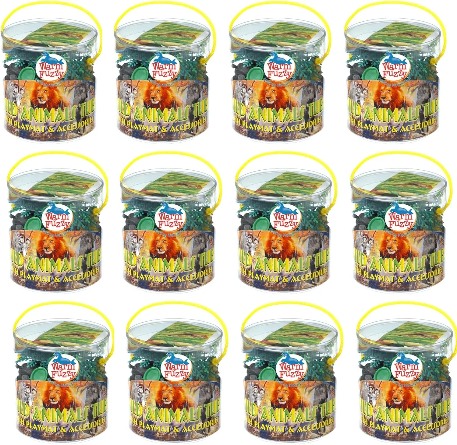 WARM FUZZY Toys Educational Toys for Kids - Full Case of 12 with Assorted Zoo Animals Figurines - Each Tub Includes 17”x12” Plastic Playmat for Prize Box, PTA Carnival or School Fundraisers