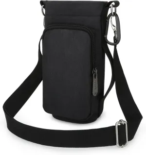 Water Bottle Carrier Bag, Small Canvas Crossbody Purse Portable Water Bottle Sling Holder Case with Adjustable Shoulder Strap and Phone Pocket Pouch for Men Women Hiking, Black