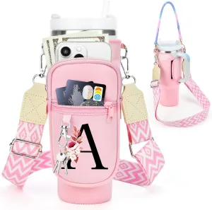 Water Bottle Holder with Adjustable Strap for Stanley Cup 40 oz Tumbler with Handle, Personalized Initial Gifts, Water Bottle Carrier Bag with Phone Pocket for Stanley Cup Accessories