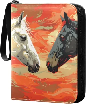 Watercolor Black and White Horses Painting Card Binder 4 Pocket Trading Card Binder Portable Cards Collection Book with Zipper