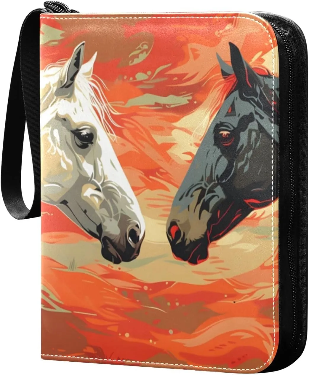 Watercolor Black and White Horses Painting Card Binder 4 Pocket Trading Card Binder Portable Cards Collection Book with Zipper