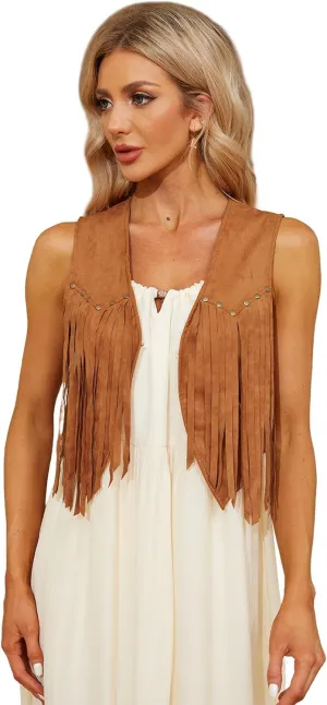 WERFORU Fringe Vest Women Faux Suede Open-Front Vintage Tassel Vest Coat Sleeveless 70s Hippie Boho Western Jacket