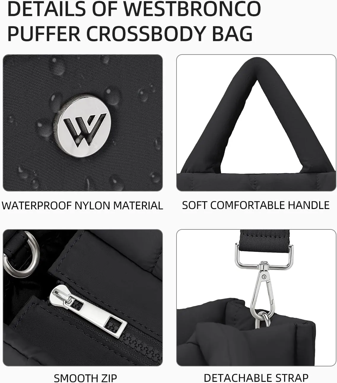 WESTBRONCO Puffer Crossbody Bags for Women Quilted Tote Bag Puffy Weekender Overnight Bag Nylon Shoulder Handbag