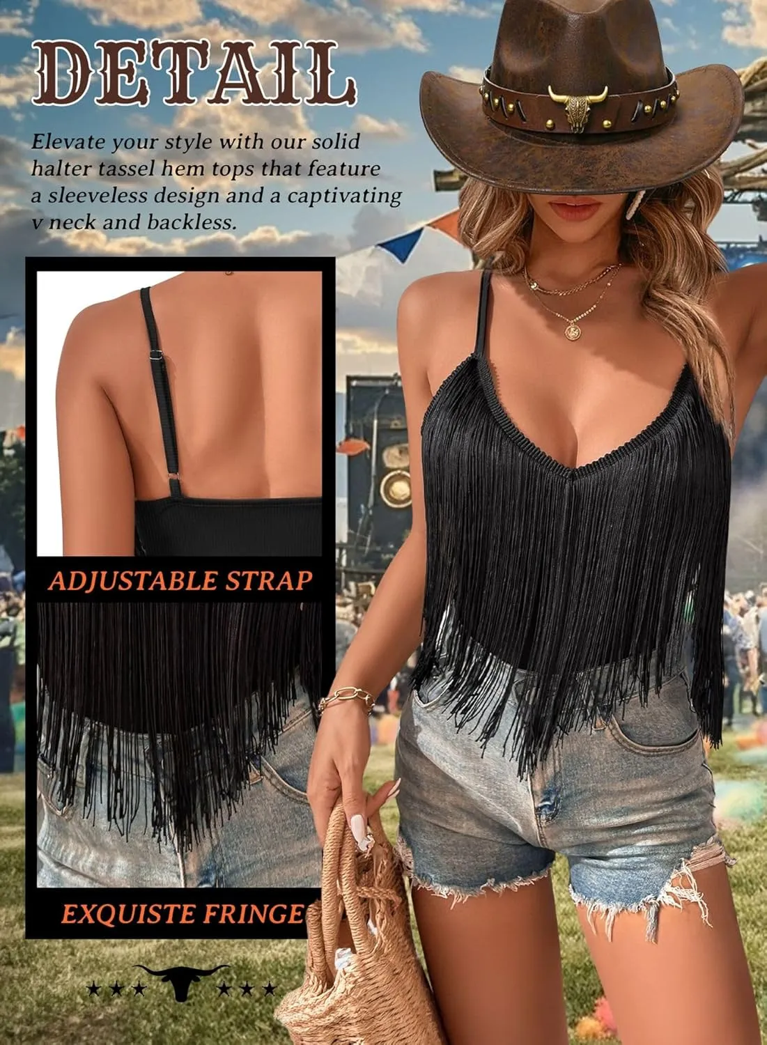 Western Cowgirl Fringe Top for Women - Country Concert Outfits Festival Tassel Hem Boho Rodeo Dress Rave Tank Shirt