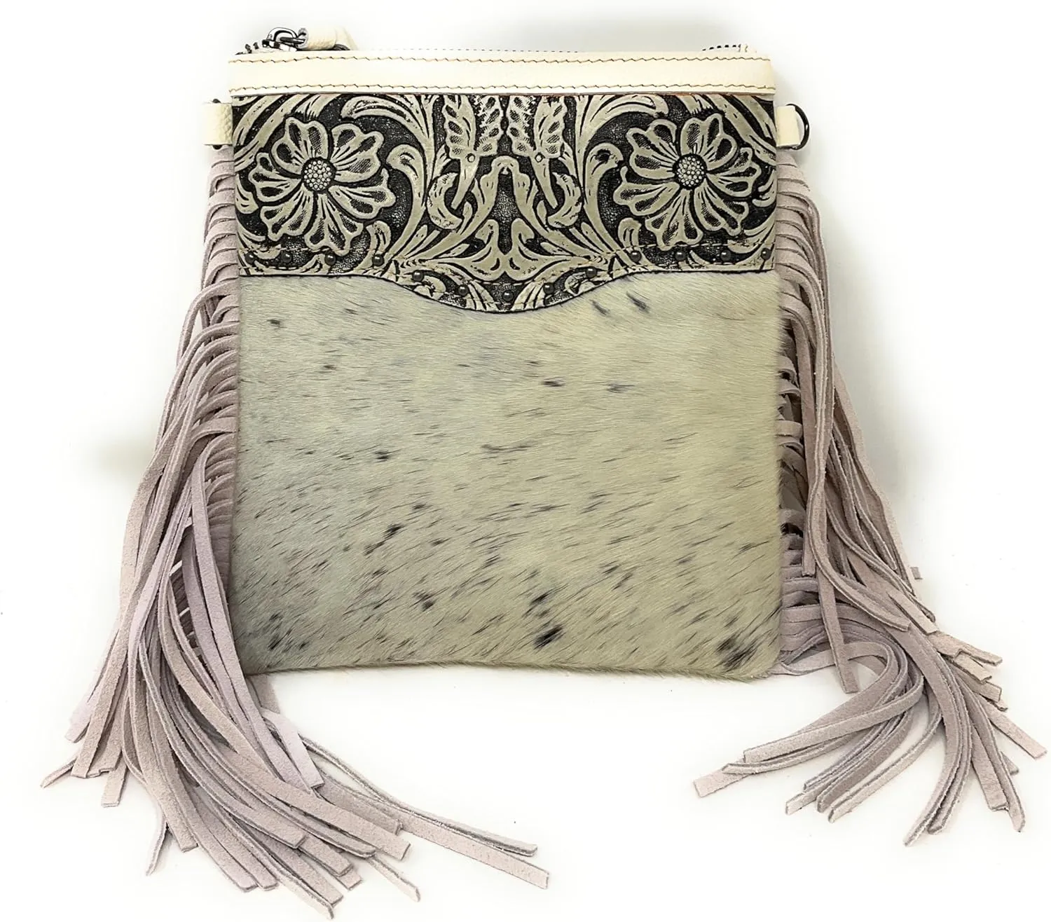 Western Genuine Tooled Leather Cowhide Fur Fringe Womens Crossbody Bag in 3 Colors