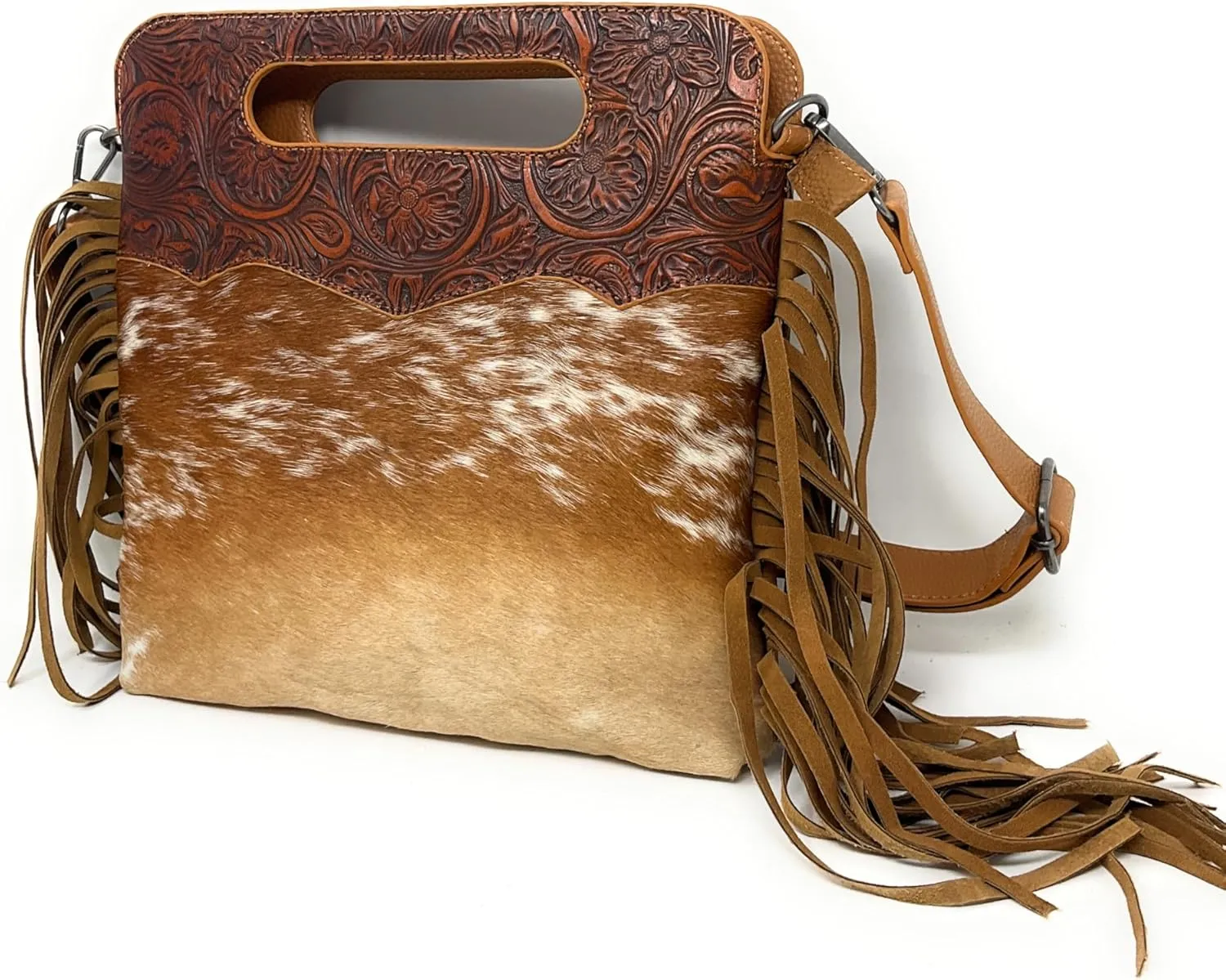 Western Genuine Tooled Leather Cowhide Fur Fringe Womens Crossbody Bag in 3 Colors