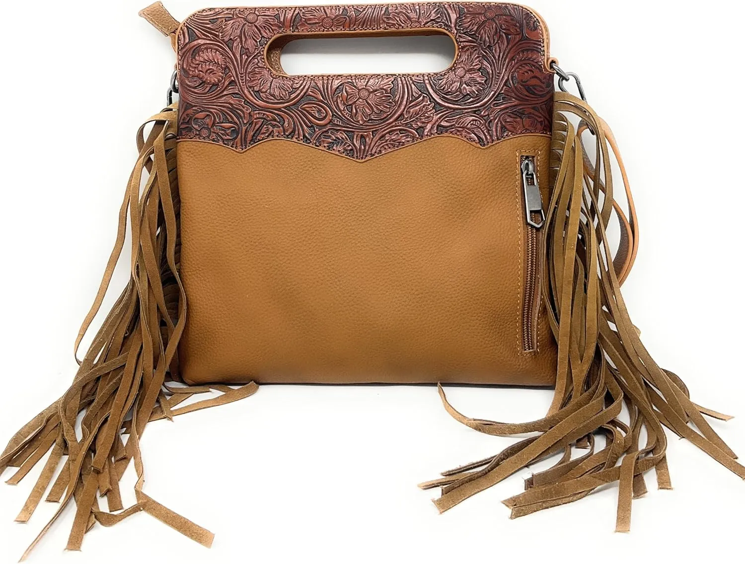 Western Genuine Tooled Leather Cowhide Fur Fringe Womens Crossbody Bag in 3 Colors