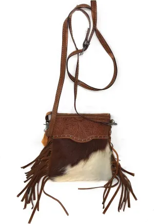 Western Genuine Tooled Leather Cowhide Fur Fringe Womens Crossbody Bag in 3 Colors