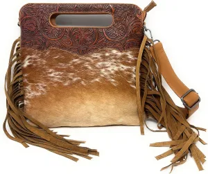 Western Genuine Tooled Leather Cowhide Fur Fringe Womens Crossbody Bag in 3 Colors