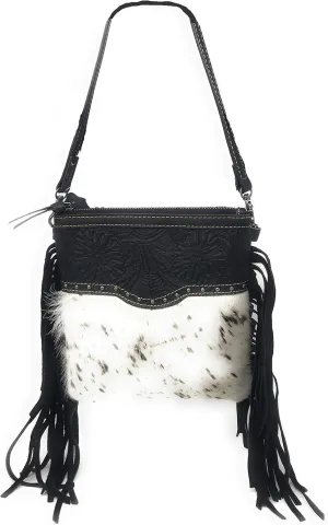 Western Genuine Tooled Leather Cowhide Fur Fringe Womens Crossbody Bag in 3 Colors