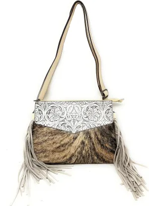Western Genuine Tooled Leather Cowhide Fur Fringe Womens Crossbody Bag in 3 Colors