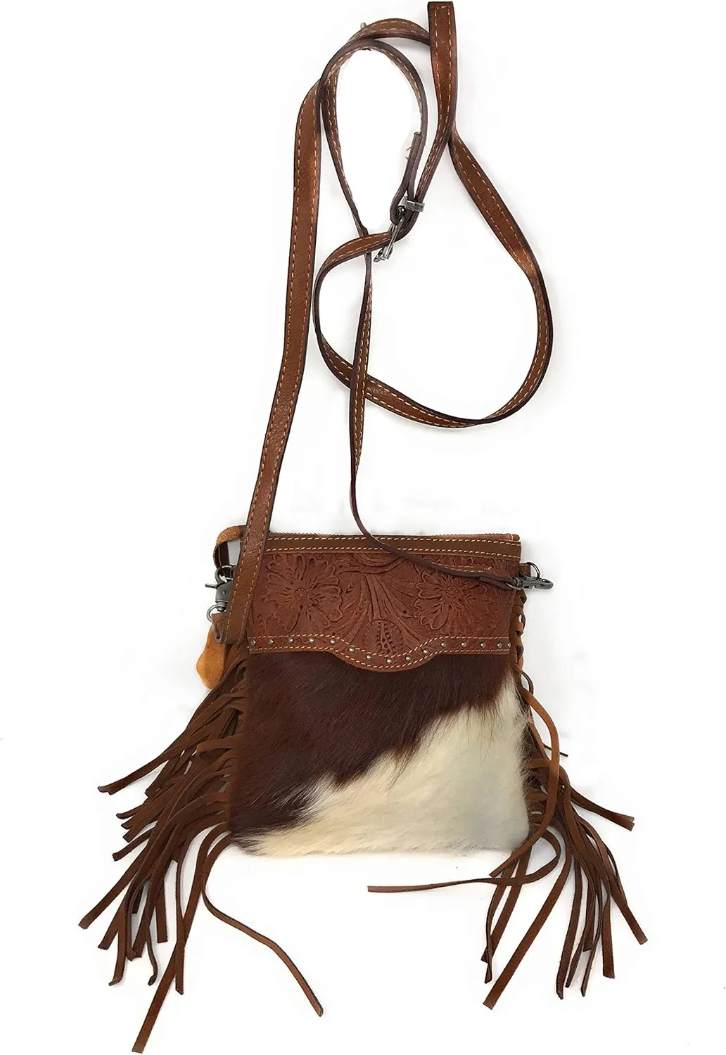 Western Genuine Tooled Leather Cowhide Fur Fringe Womens Crossbody Bag in 3 Colors