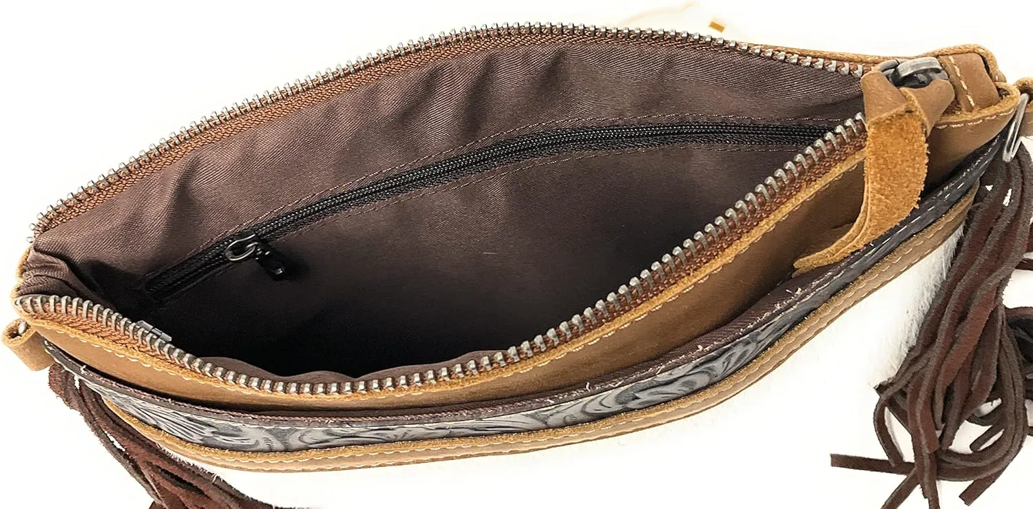 Western Genuine Tooled Leather Cowhide Fur Fringe Womens Crossbody Bag in 3 Colors