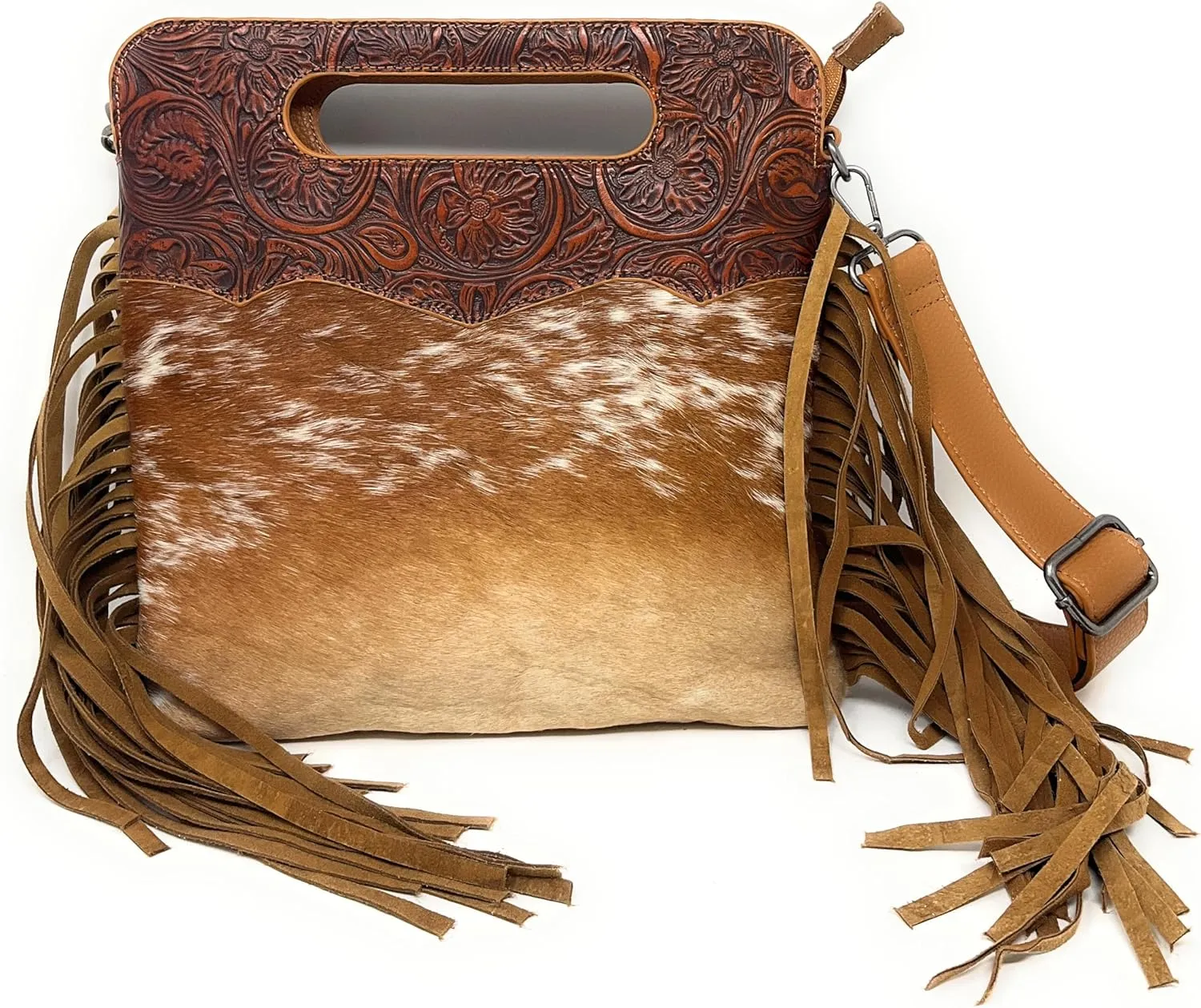 Western Genuine Tooled Leather Cowhide Fur Fringe Womens Crossbody Bag in 3 Colors