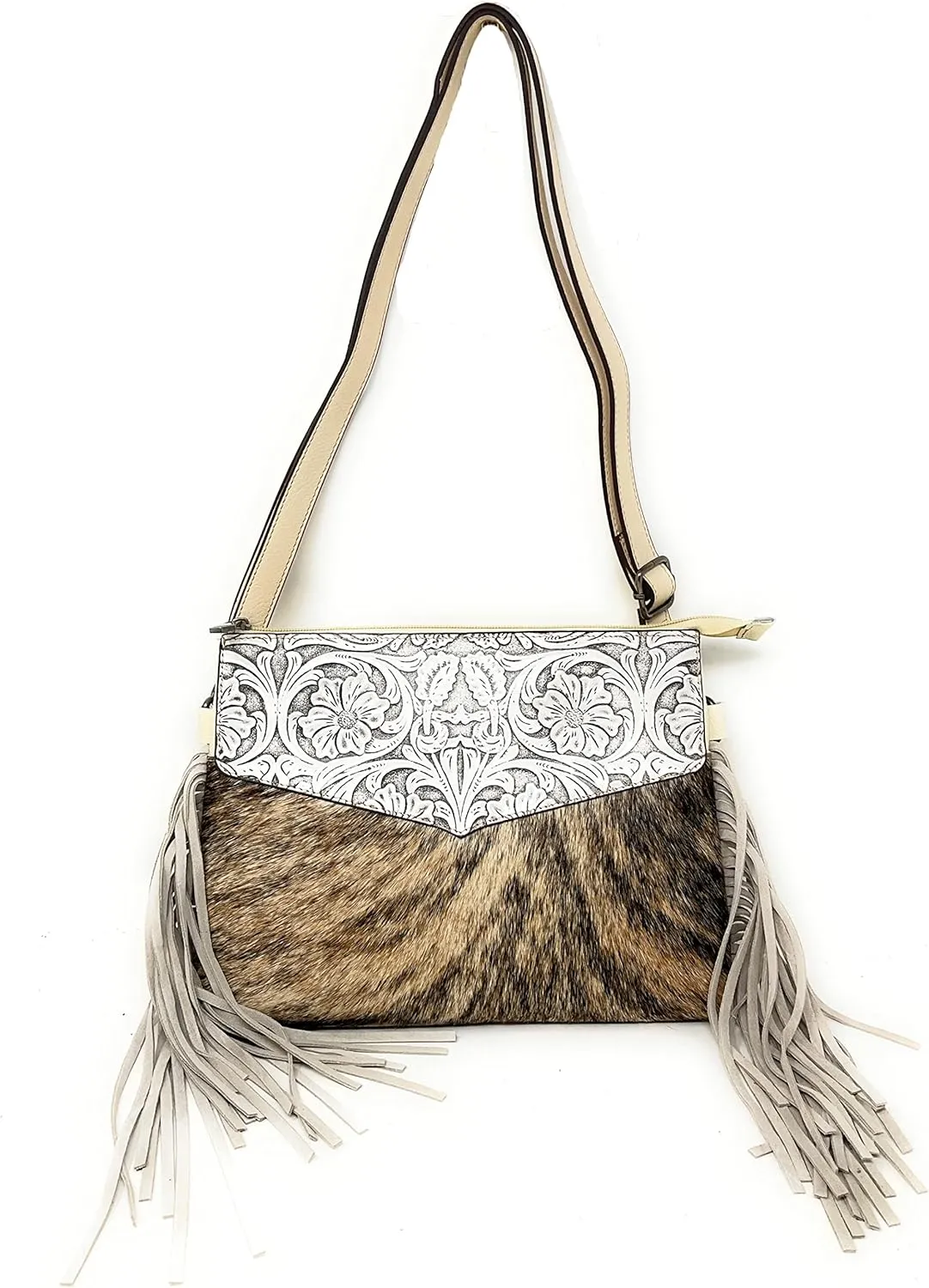 Western Genuine Tooled Leather Cowhide Fur Fringe Womens Crossbody Bag in 3 Colors