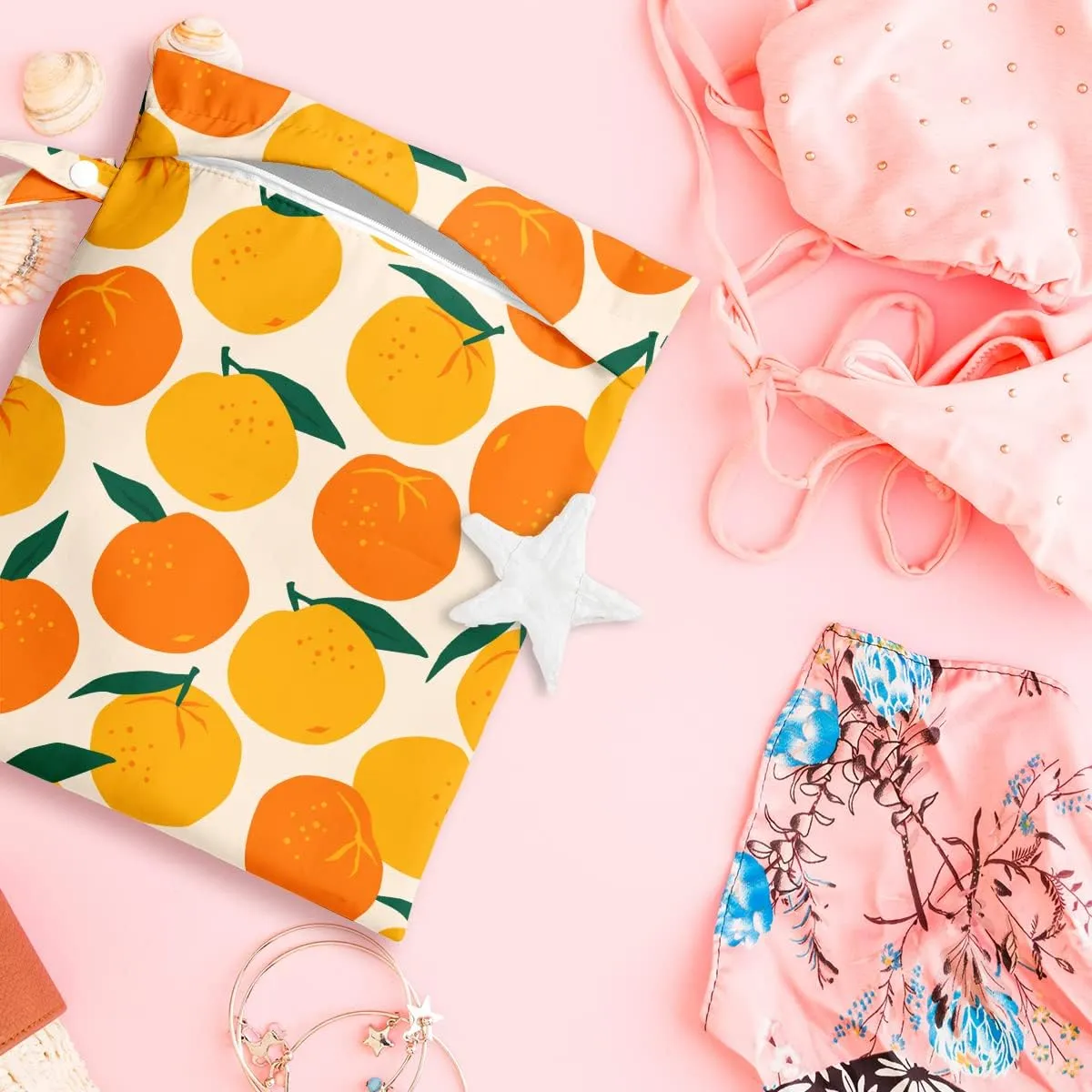 Wet Bag, Wet Dry Bag, Wet Bag for Swimsuit, Travel, Beach, Pool, Diapers, Dirty Yoga Gym Clothes, Makeup Bag, Waterproof Reusable Fruit Decor Orange Strawberry